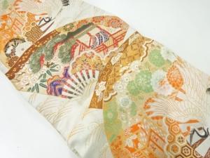 アンティーク　扇に鶴・御所車模様織出し丸帯（着用可）